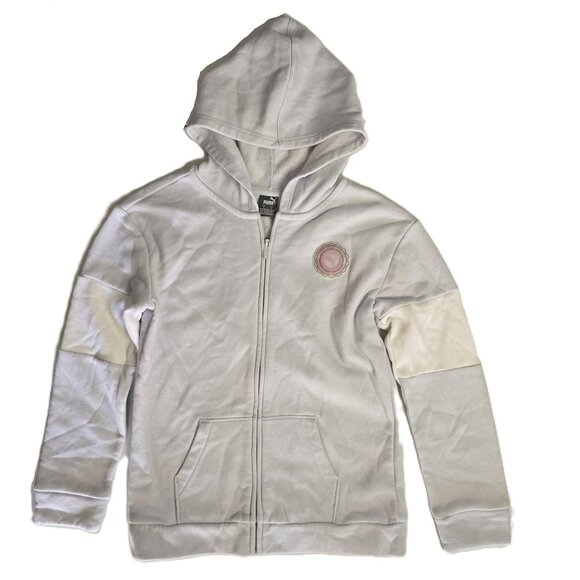 Puma Kids Girls Zip Jacket Hoodie Sweatshirt Size Large Light Gray Pink Logo - Picture 1 of 8